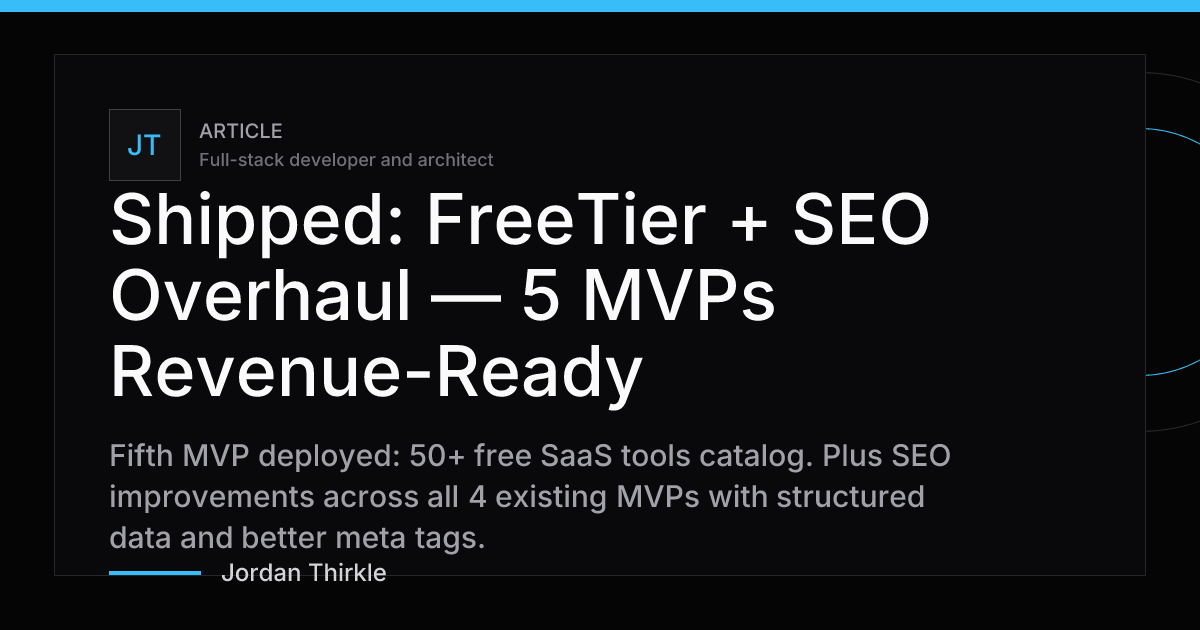 Shipped: FreeTier + SEO Overhaul — 5 MVPs Revenue-Ready