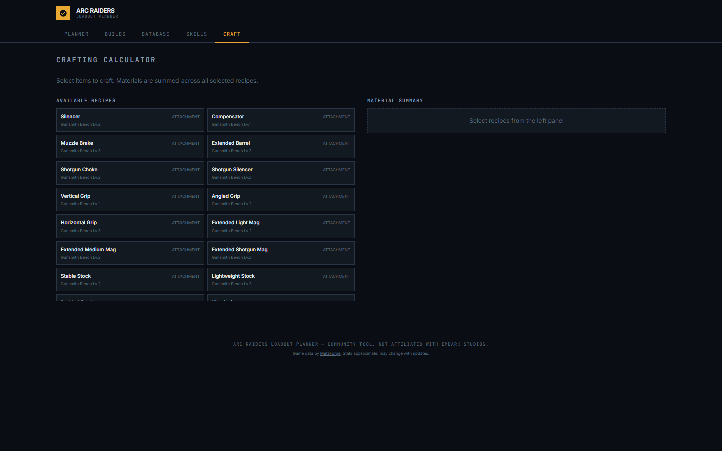 Crafting Calculator — select recipes, see material summary by station
